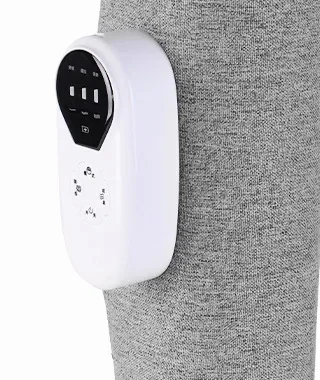 Close-up of the white AirCalm control module built into the gray fabric wrap, showing the display and physical buttons
